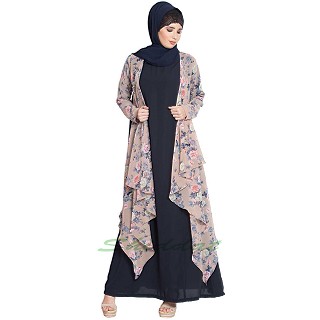 Fowling shrug double layered abaya- Blue-Beige